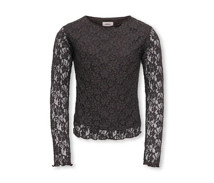 Schwarzes Langarm-Spitzentop mit Rundhalsausschnitt und "ONLY"-Etikett. Das Oberteil hat ein zartes Blumenmuster aus Spitze und einen Rüschensaum.