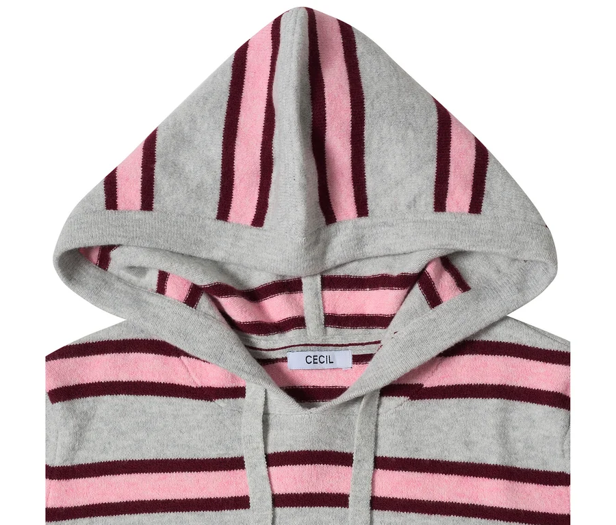 Grauer CECIL Strick-Hoodie mit rosa und dunkelroten Streifen, Kapuze und Kordelzug.