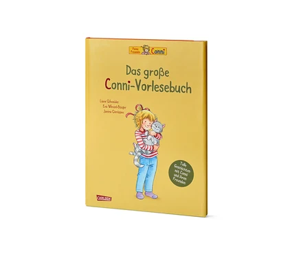 Gelbes Buch »Das große Conni-Vorlesebuch« mit einer Abbildung von Conni, die eine graue Katze hält.