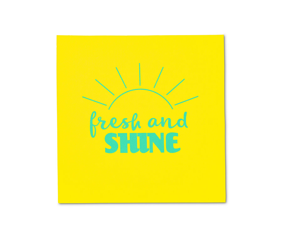 Gelbes Quadrat mit türkisfarbenem Text Fresh and Shine und einer Sonne. 3 Spül- und Reinigungstücher.