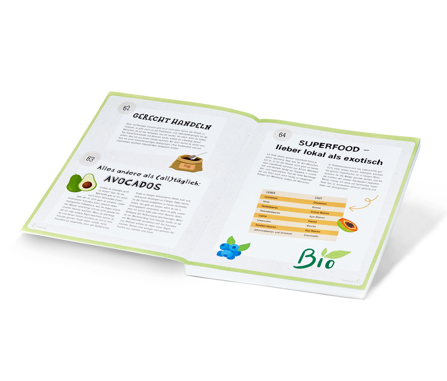 Aufgeschlagenes Buch mit Text und Abbildungen von Avocado, Kaffee, Früchten und Blaubeeren.