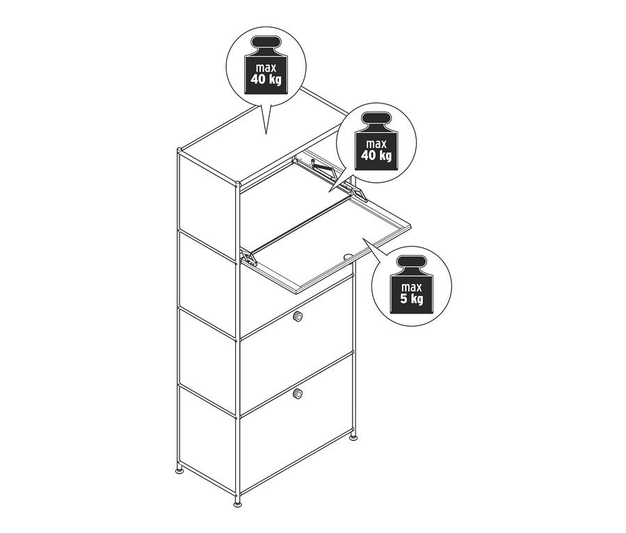Eine schematische Darstellung eines Metall Highboards »CN3« mit 4 Klappenfächern, wobei eines davon geöffnet ist.