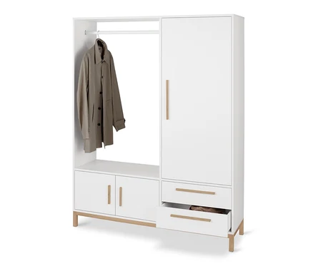 Weißer Garderobenschrank »Eklund« mit braunem Mantel daneben hängend.