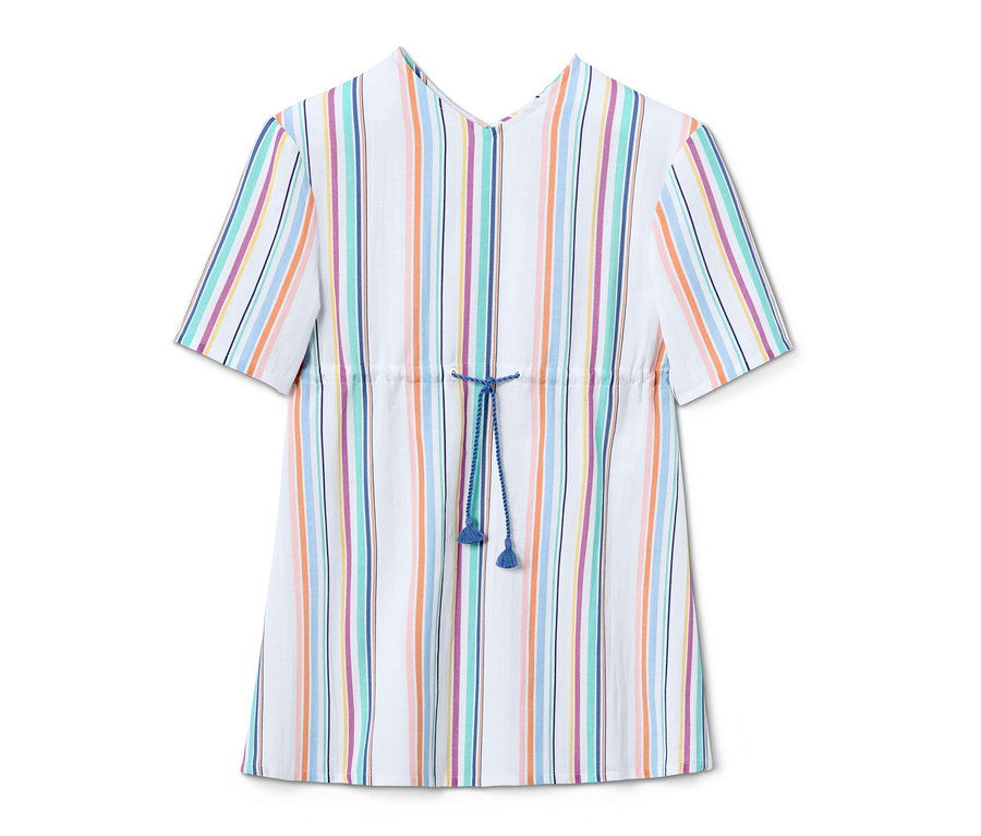 Gestreifter Kaftan aus Bio-Baumwolle mit blauem Kordelzug in der Taille.