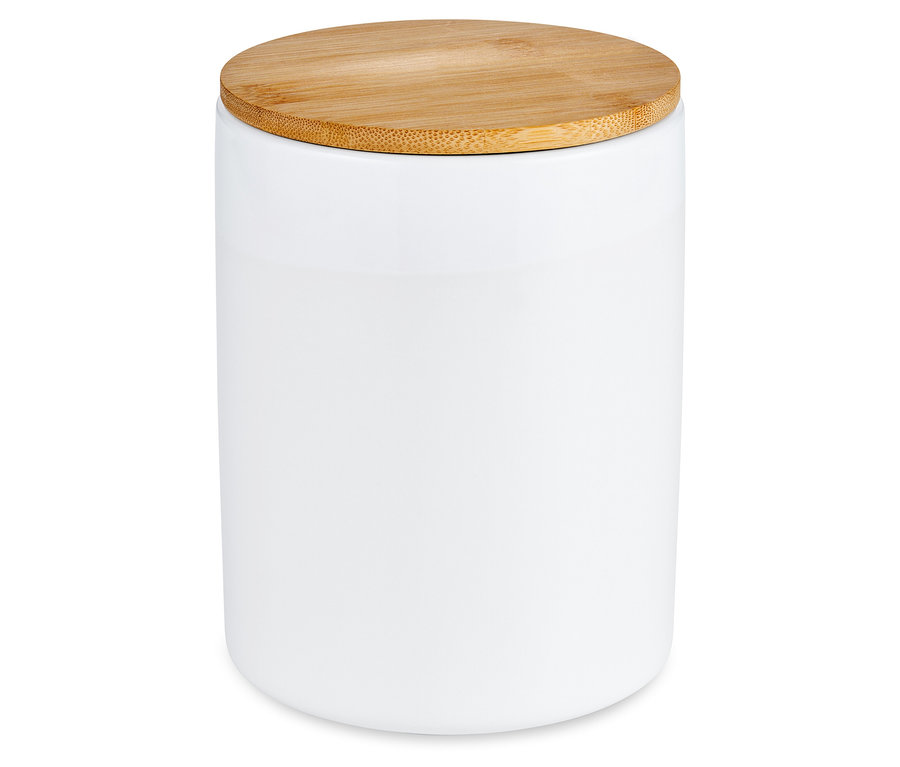 Weiße Kaffeedose aus Keramik mit Holzdeckel.