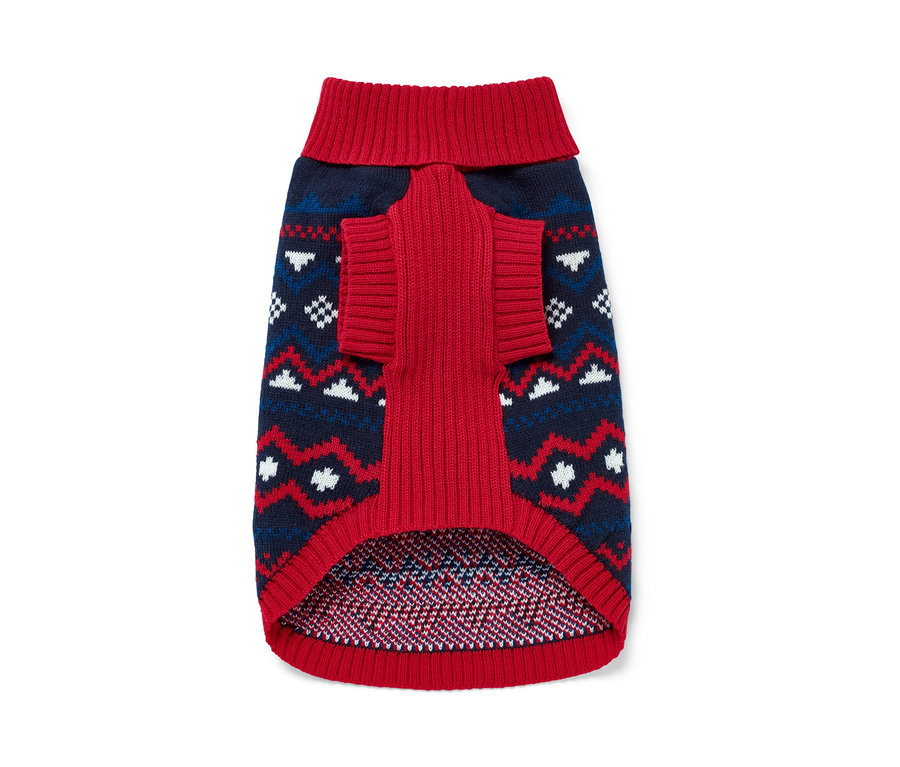 Hundepullover mit rotem Saum und blau-weissem Muster.