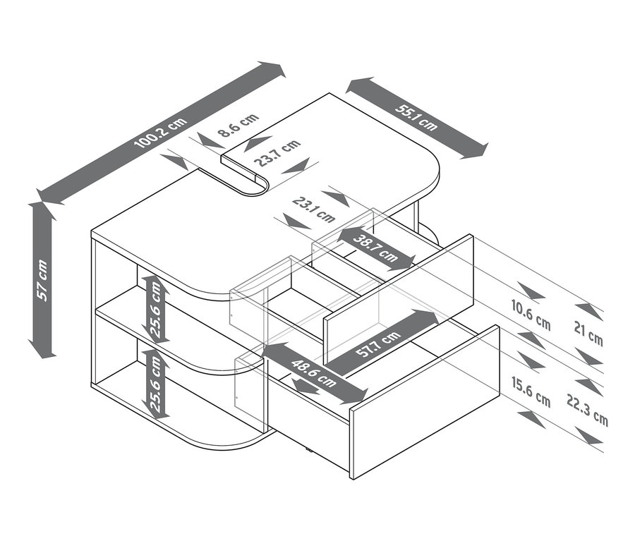 Abmessungen des Waschbeckenunterschranks, rund, weiß.