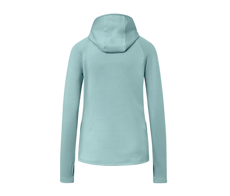 Rückansicht einer hellblauen Thermojacke mit Kapuze.