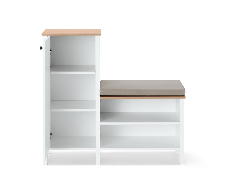 Weiße Sitzbank mit Schuhschrank und beiger Sitzfläche, daneben ein offener Schrank.