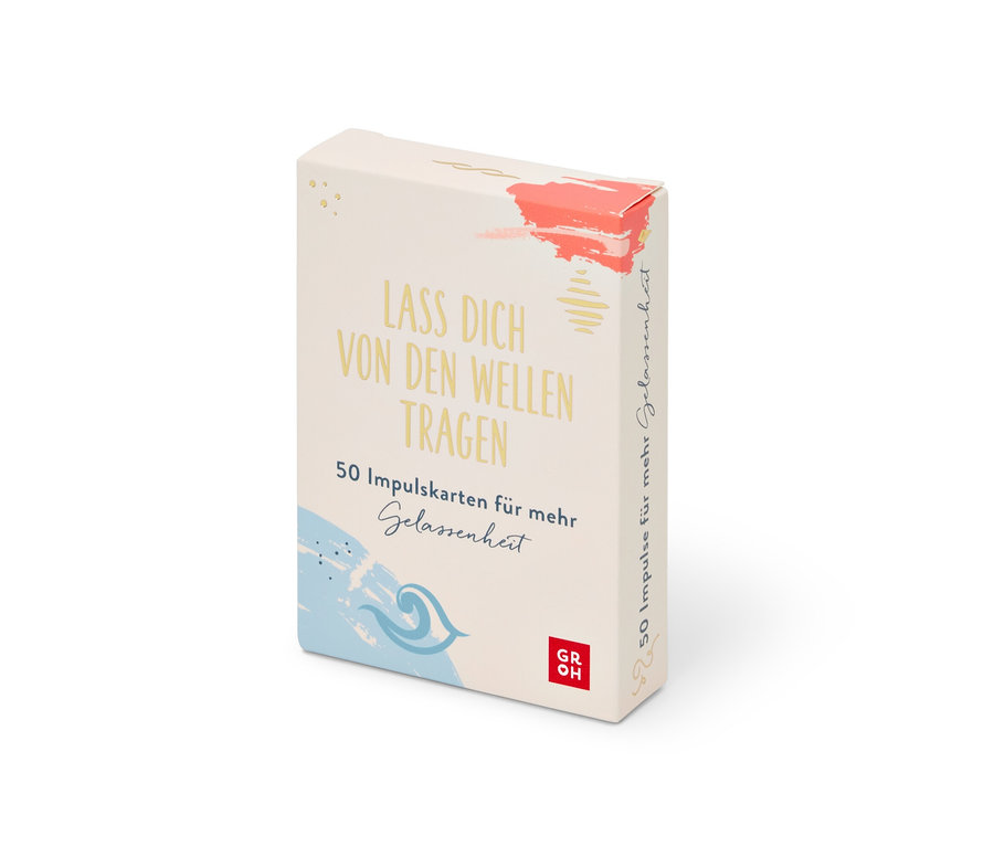 Weißer Karton mit dem Gelassenheits-Karten-Set »Lass Dich von den Wellen tragen« mit deutscher Beschriftung.