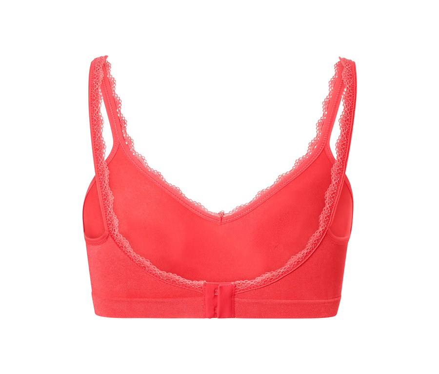 Detail der Rückseite eines korallenroten Seamless-Soft-BHs mit Spitzendetails.