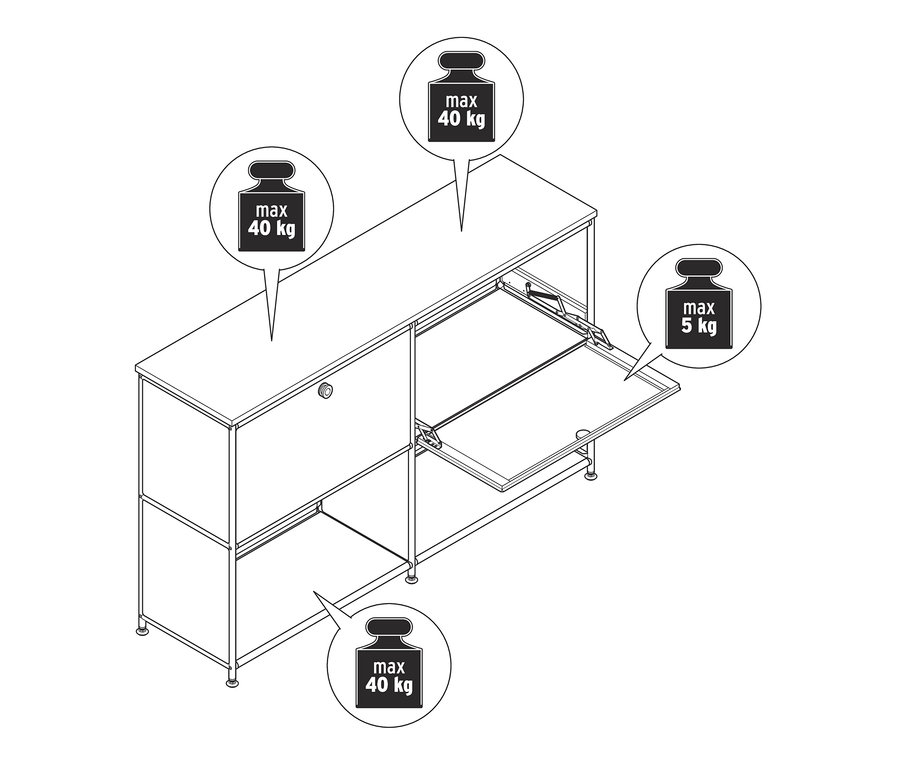 Zeichnung eines Sideboards Metall »CN3« mit Holzplatte und Klappenfächern. Maximale Belastung der Oberseite und des Bodens 40 kg, der Klappenfächer 5 kg.