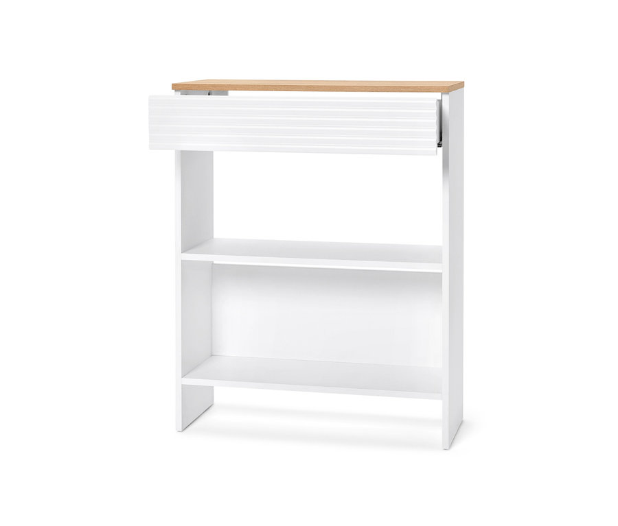 Detail einer Konsole mit Schublade, weiße Möbel mit hölzerner Tischplatte und offenen Regalen.