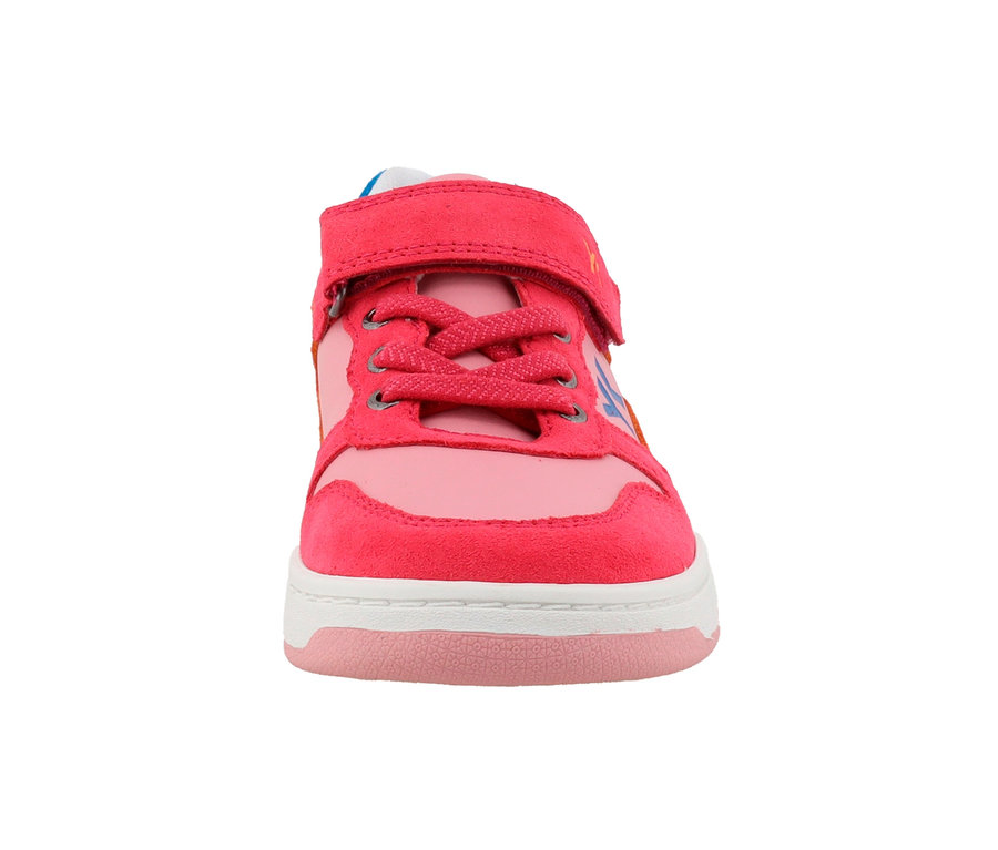 Detailaufnahme eines pinkfarbenen Lurchi Sneaker »Gaio-S« mit Schnürsenkeln und Klettverschluss.