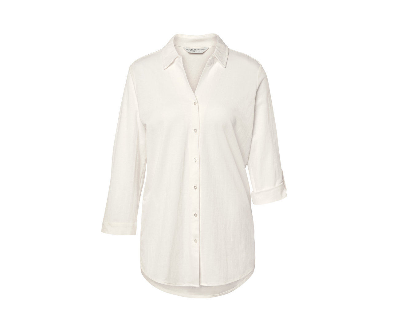 Cremeweiße Piqué-Jerseybluse mit Knöpfen und Dreiviertelärmeln.