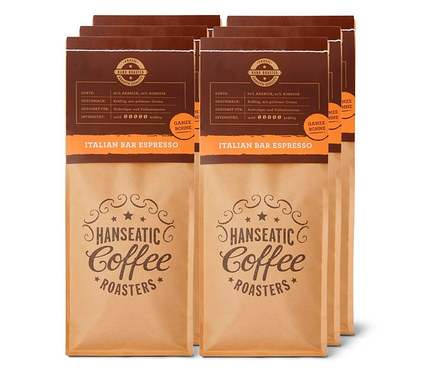 Mehrere Packungen Hanseatic - Italian Bar Espresso - 6x 1 kg Ganze Bohne Kaffeebohnen.