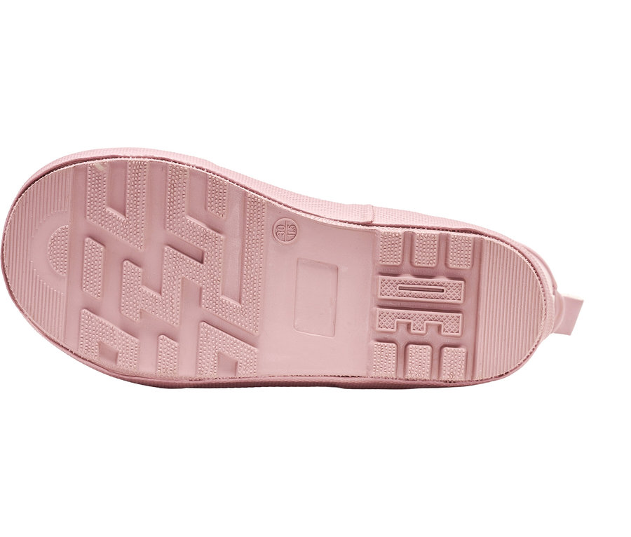 Sohle eines rosa Gummistiefels.