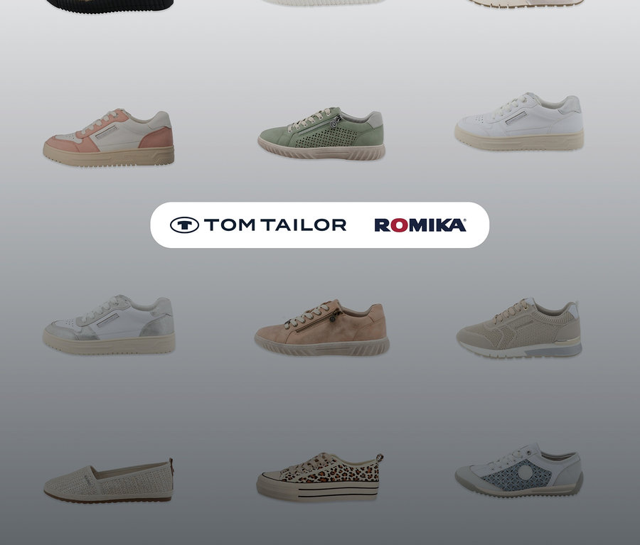 Auf grauem Hintergrund sind neun Paar Schuhe verschiedener Stile und Farben zu sehen, darunter eine Romika Sandale, PU sand.