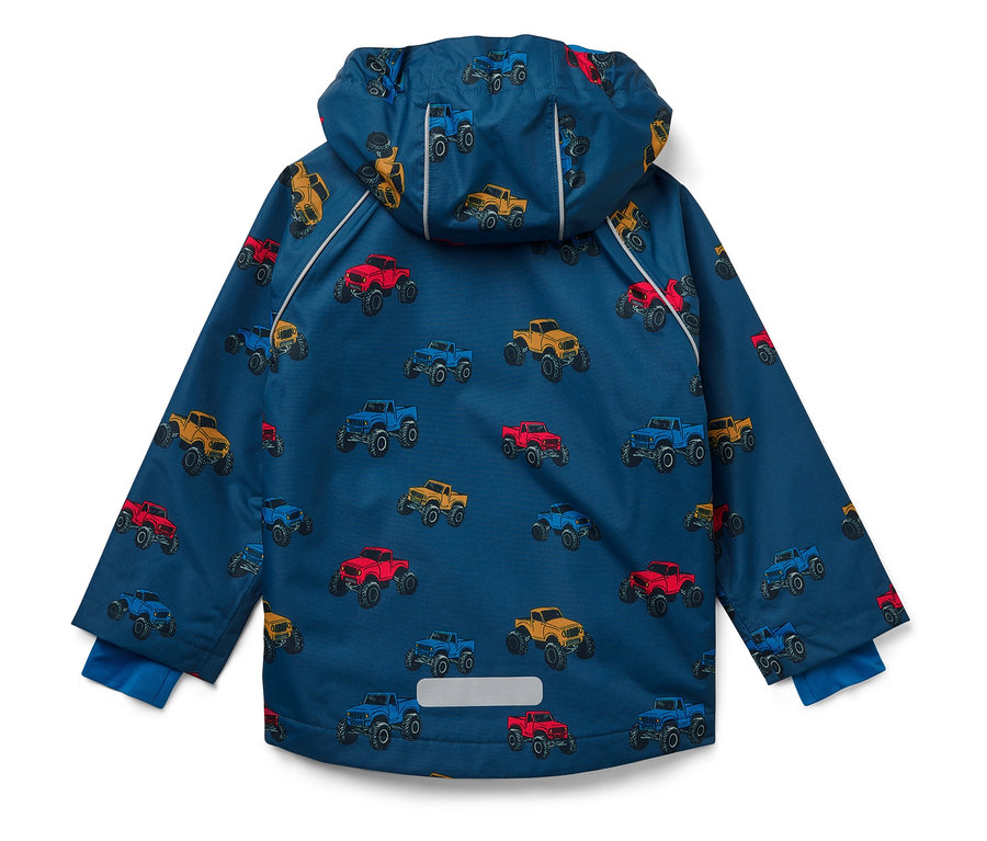 Blaue Jacke mit Kapuze, bedruckt mit roten, blauen und gelben Monstertrucks.