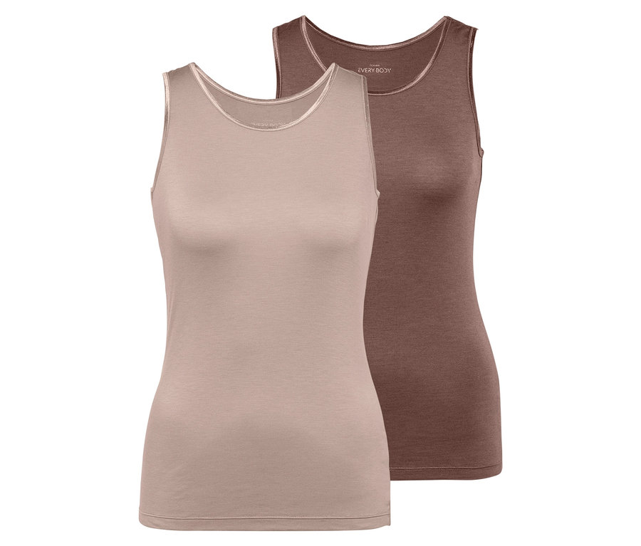 Zwei Damen Tanktops, eines beige und eines braun, liegen nebeneinander.