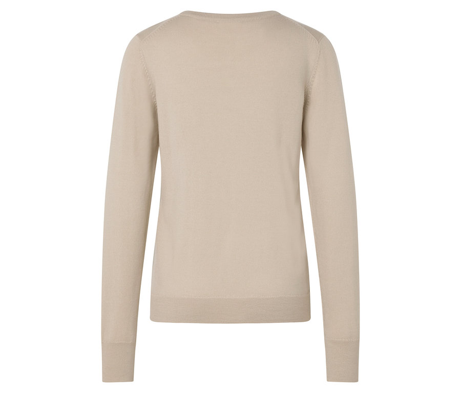 Beiger, langärmliger Pullover von hinten gesehen.