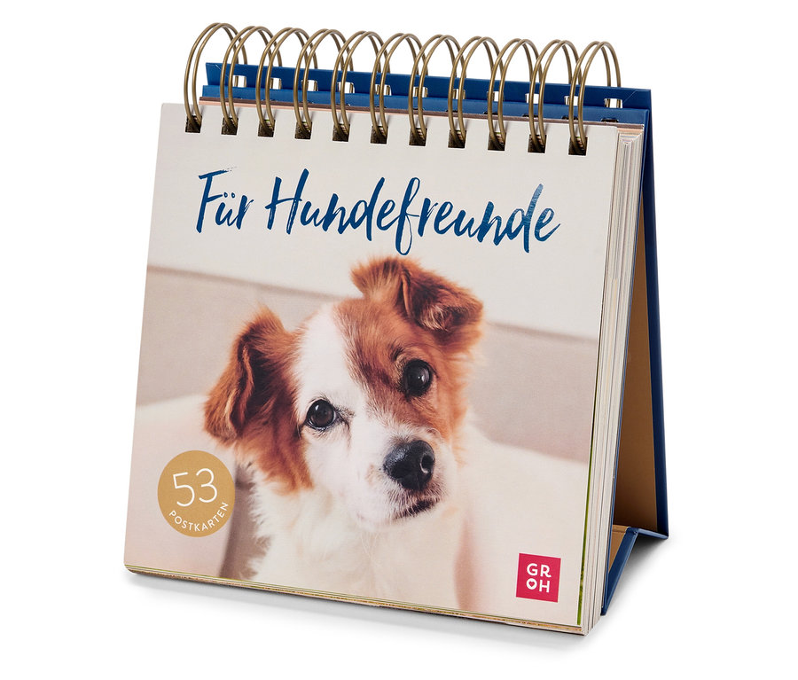 Tischkalender mit einem Bild von einem Hund und dem Text "Für Hundefreunde" mit 53 Postkarten.