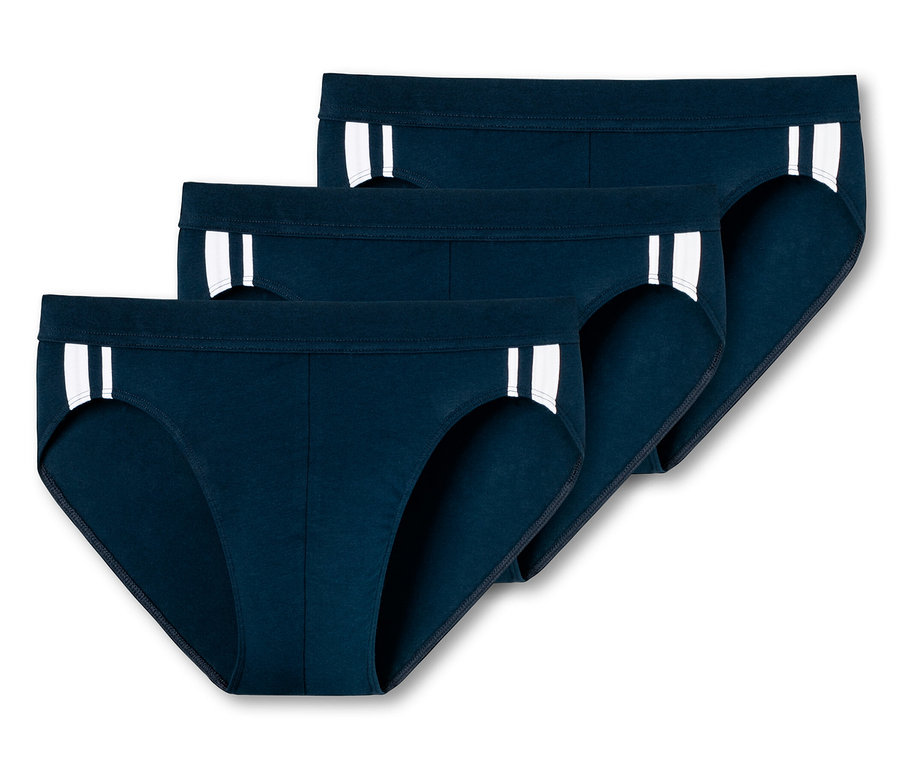 Drei dunkelblaue SCHIESSER Slips, 3 Stk., übereinander gestapelt.