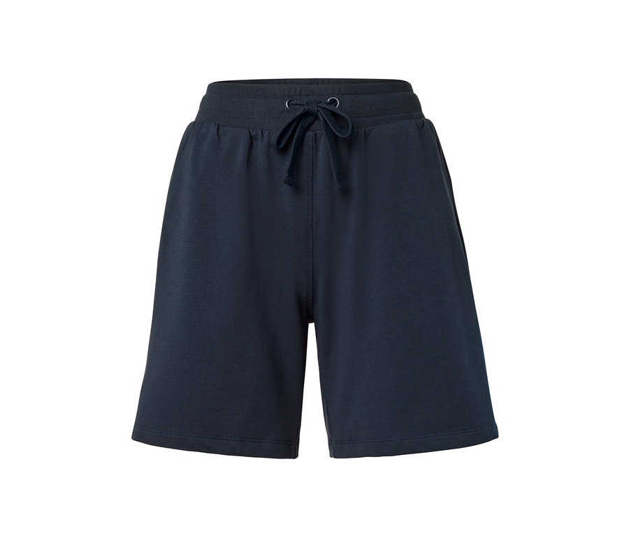 Dunkelblaue Bermuda-Sweatshorts mit Kordelzug in der Taille.