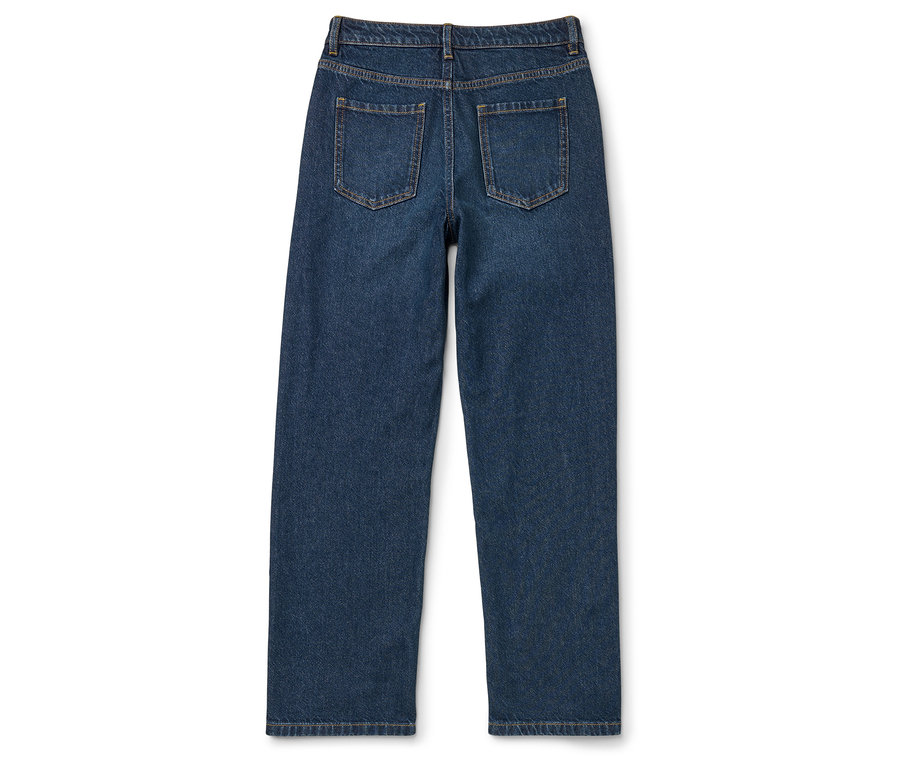 Rückansicht einer dunkelblauen High-Waist-Jeans mit weitem Bein.