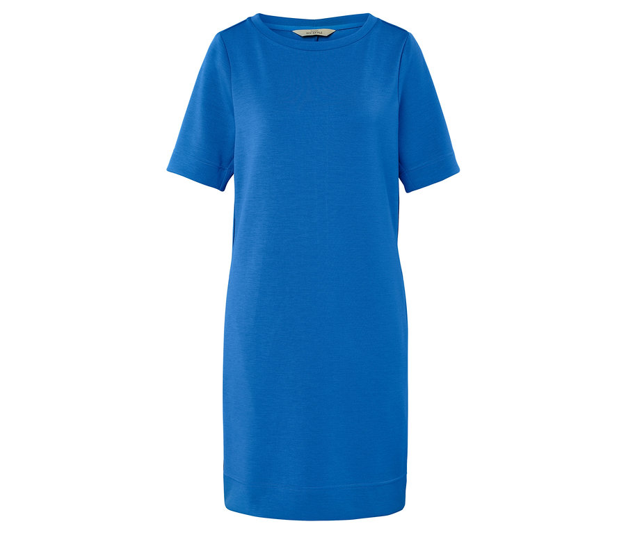 Ein blaues, kurzärmeliges Kleid ist vor einem weißen Hintergrund zu sehen.