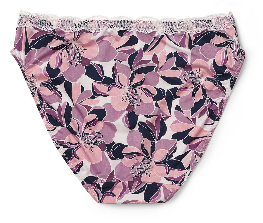 Damen-Slip mit Blumenmuster in Rosa- und Lilatönen, mit weißer Spitze am Bund.