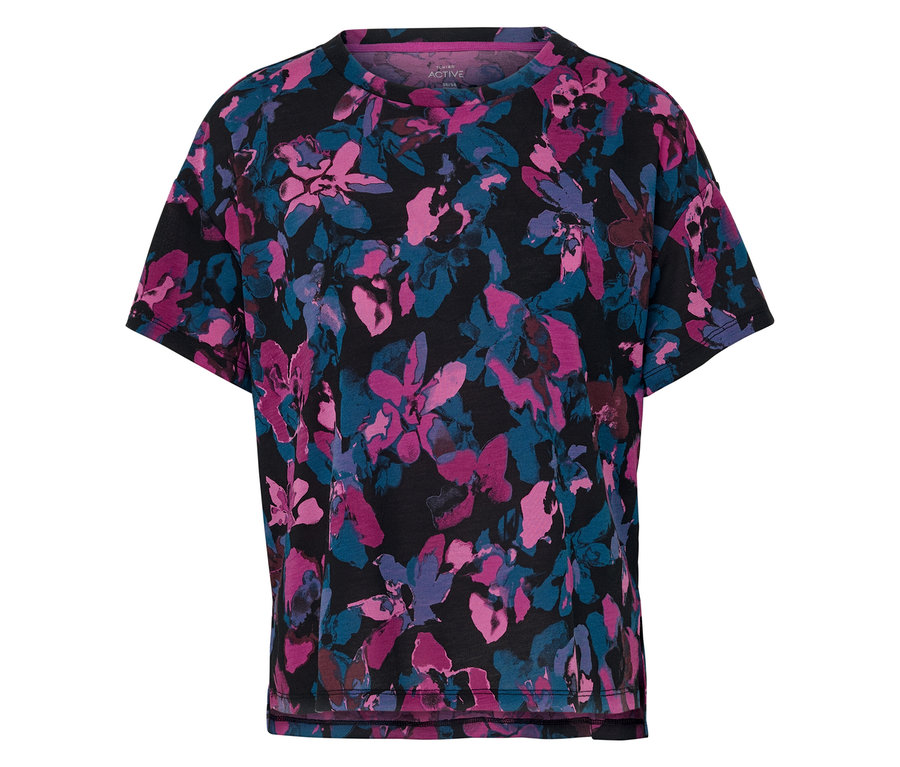 Schwarzes Kurzarm-T-Shirt mit Allover-Blumenmuster in Pink und Blau.
