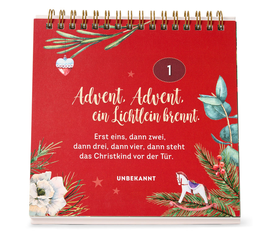 Ein roter Adventskalender mit dem Aufdruck "Advent, Advent, ein Lichtlein brennt."