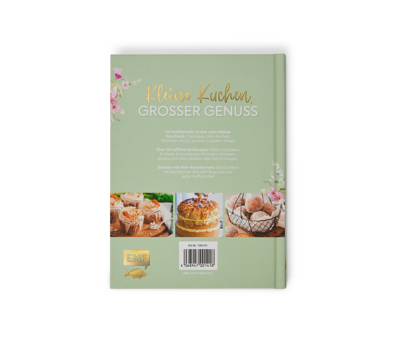 Die Rückseite des Buchs "Kleines Kuchenglück" zeigt Fotos verschiedener Kuchen und Desserts.