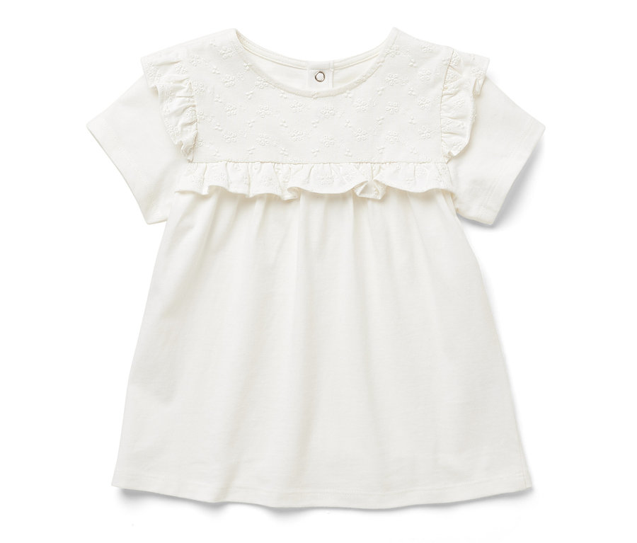 Weißes Kinder-T-Shirt mit kurzen Ärmeln und Rüschen.
