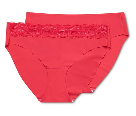 Zwei flamingorote Magic-Cut-Slips, einer mit Spitzenbesatz am Bund, liegen übereinander.