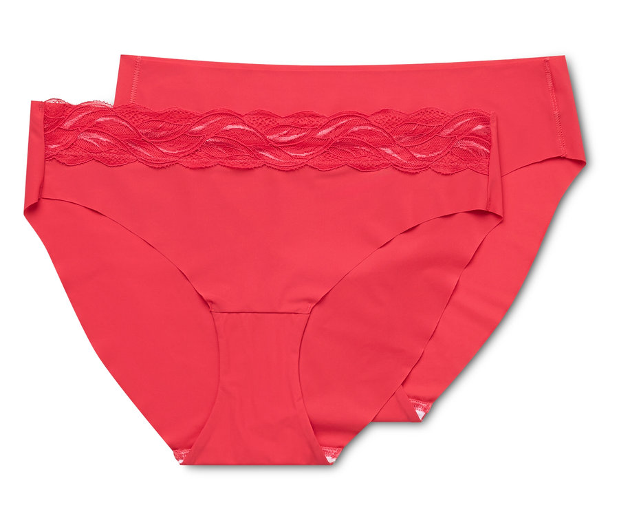 Zwei flamingorote Magic-Cut-Slips, einer mit Spitzenbesatz am Bund, liegen übereinander.