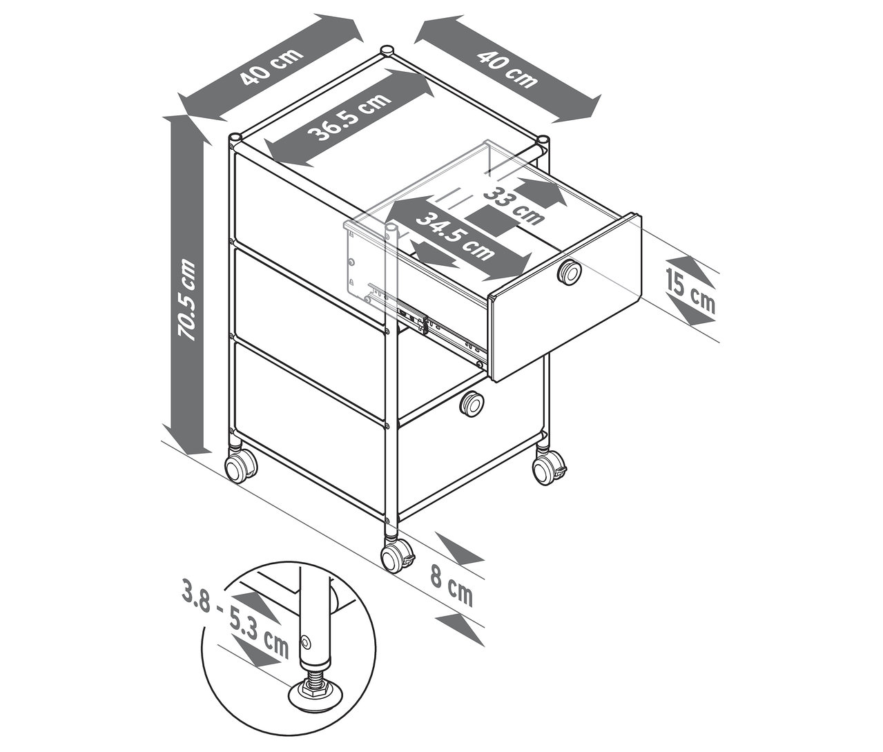 Eine Skizze von einem Rollcontainer »CN3« mit 3 Schubladen, eine davon ist geöffnet. Die Maße sind in Zentimetern angegeben.