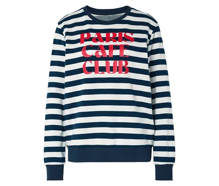 Gestreifter Pullover mit dem roten Schriftzug "Paris Cafe Club".