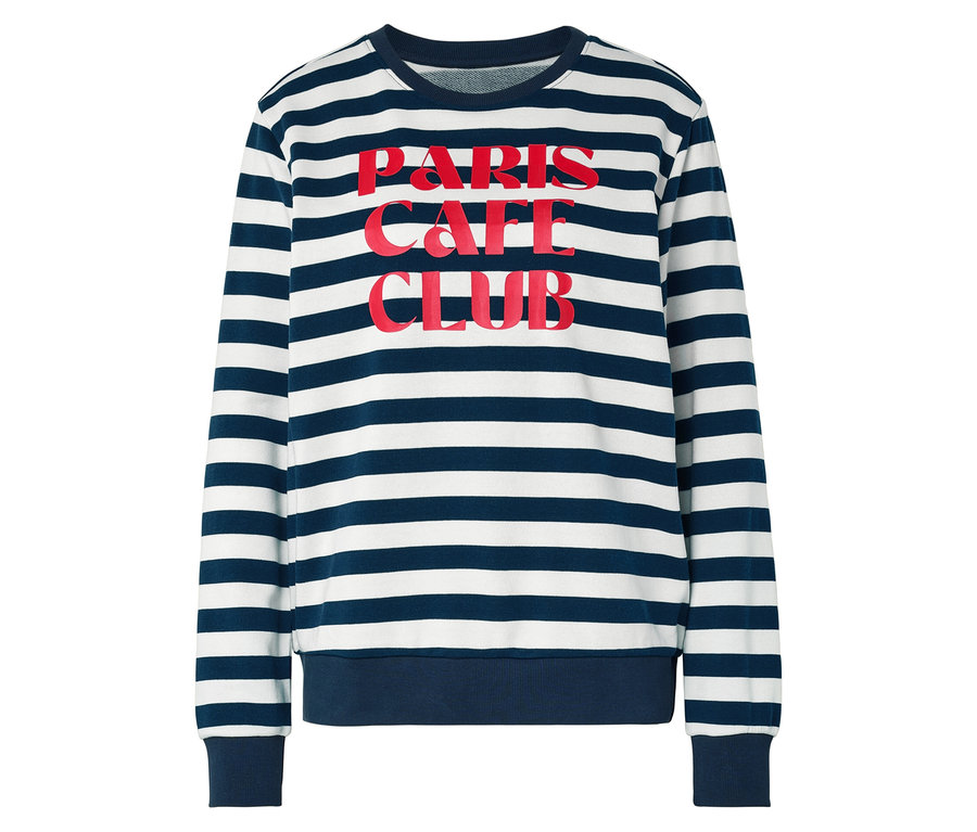 Gestreifter Pullover mit dem roten Schriftzug "Paris Cafe Club".