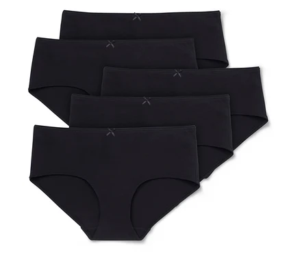 Fünf schwarze Damenslips liegen übereinander, jeder mit einer kleinen Schleife in der Mitte.