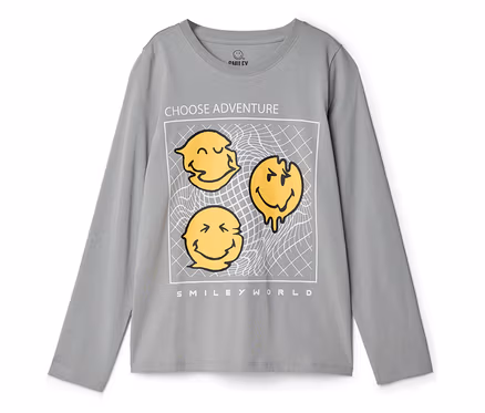 Graues SMILEYWORLD® Kinder-Langarmshirt mit Aufdruck: drei verzerrte gelbe Smileys in weißem Rahmen, darüber "CHOOSE ADVENTURE", darunter "SMILEY WORLD".