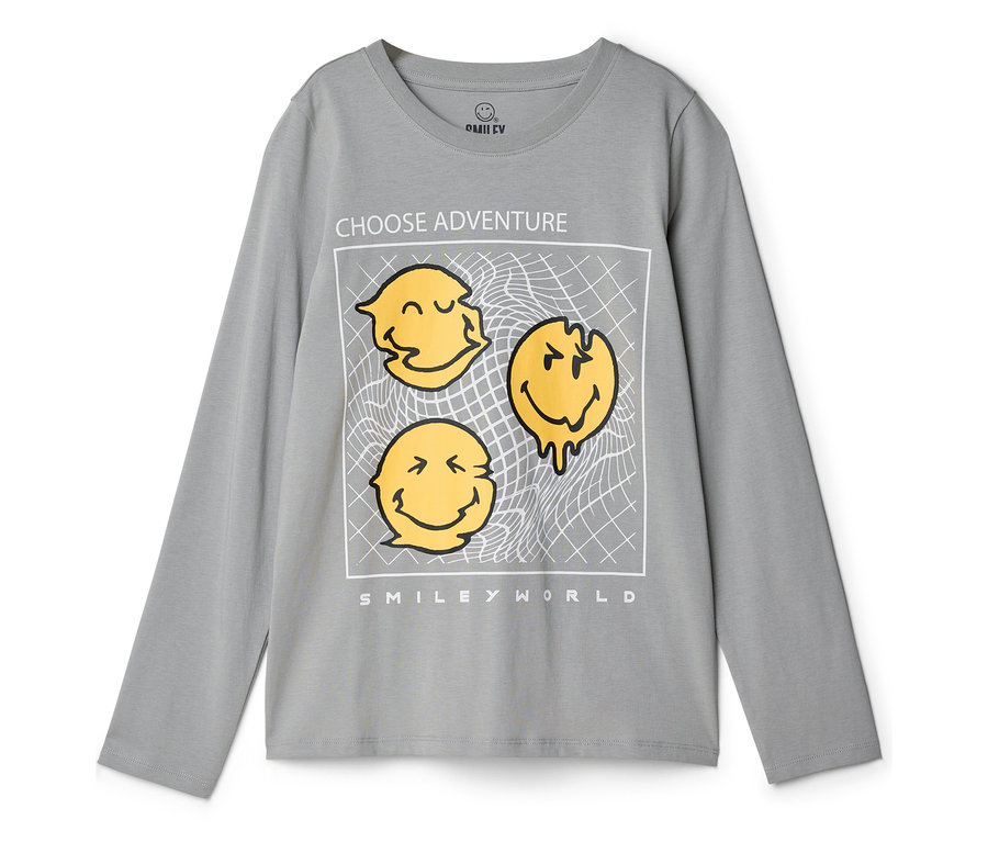 Graues SMILEYWORLD® Kinder-Langarmshirt mit Aufdruck: drei verzerrte gelbe Smileys in weißem Rahmen, darüber "CHOOSE ADVENTURE", darunter "SMILEY WORLD".