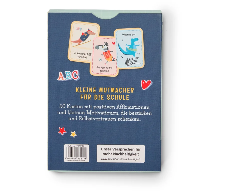 Kleine Mutmacher für die Schule Kartenset mit 50 Karten und positiven Affirmationen auf blauem Hintergrund.