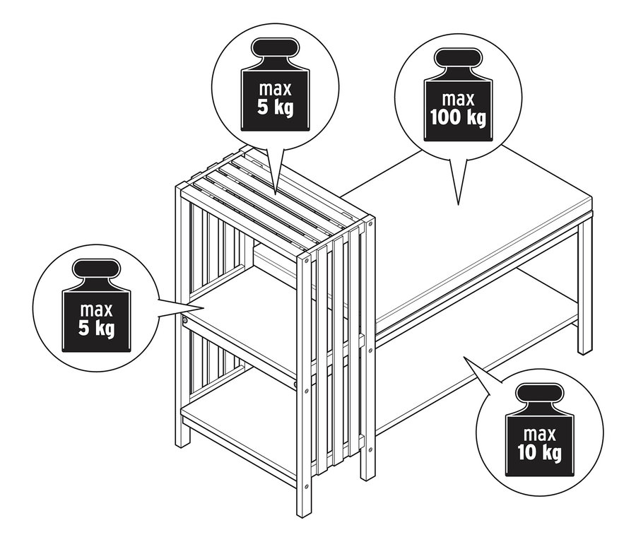 Eine Sitzbank mit Schuhfach und Ablage in Lamellenoptik ist dargestellt.