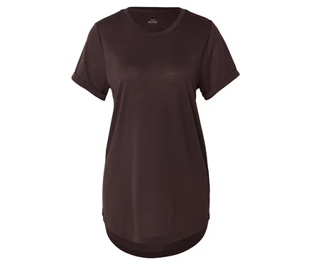 Braunes Sportshirt mit kurzen, hochgekrempelten Ärmeln und abgerundetem Saum.