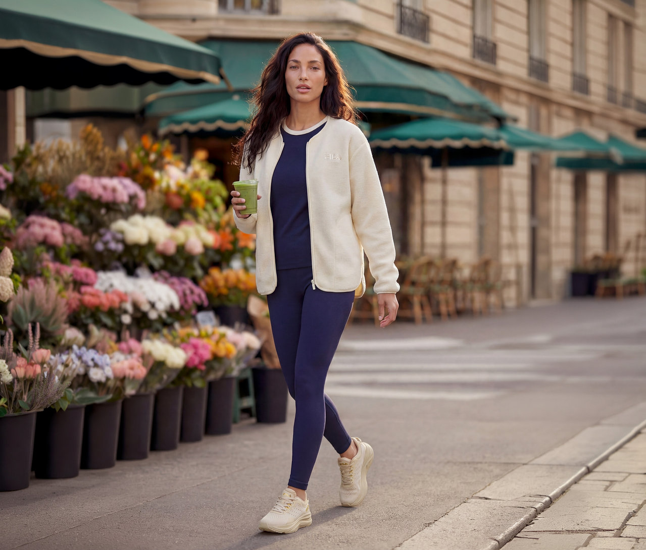Frau geht auf einem Gehweg, trägt eine cremefarbene Fleecejacke, ein marineblaues Oberteil und Leggings, hält einen grünen Smoothie und geht an einem Blumenstand vorbei.