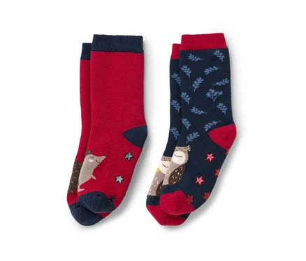 Zwei Paar Kinder-Antirutsch-Socken: ein rotes Paar mit Fuchs und Sternen, ein blaues Paar mit Eulen und Blättern.