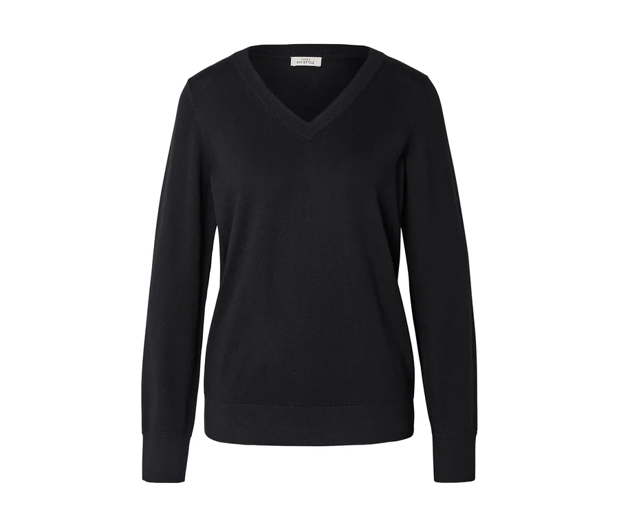 Schwarzer V-Ausschnitt Feinstrickpullover mit langen Ärmeln.