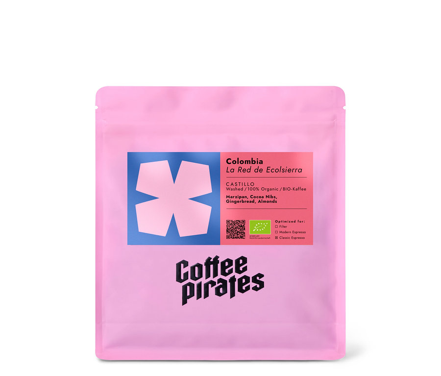 Eine Packung Coffee Pirates – Colombia La Red de Ecolssierra Bio Espresso - 250 g Ganze Bohne.